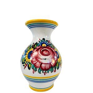 Artisan Signed Hand Painted Vase Roses Sunflower‎ Spring Red Yellow Blue  7"